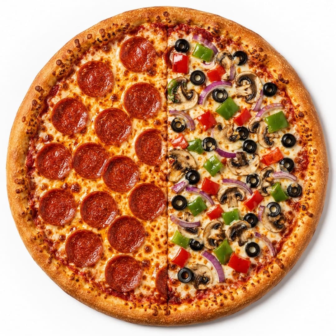 Half pepperoni and half vegetable pizza