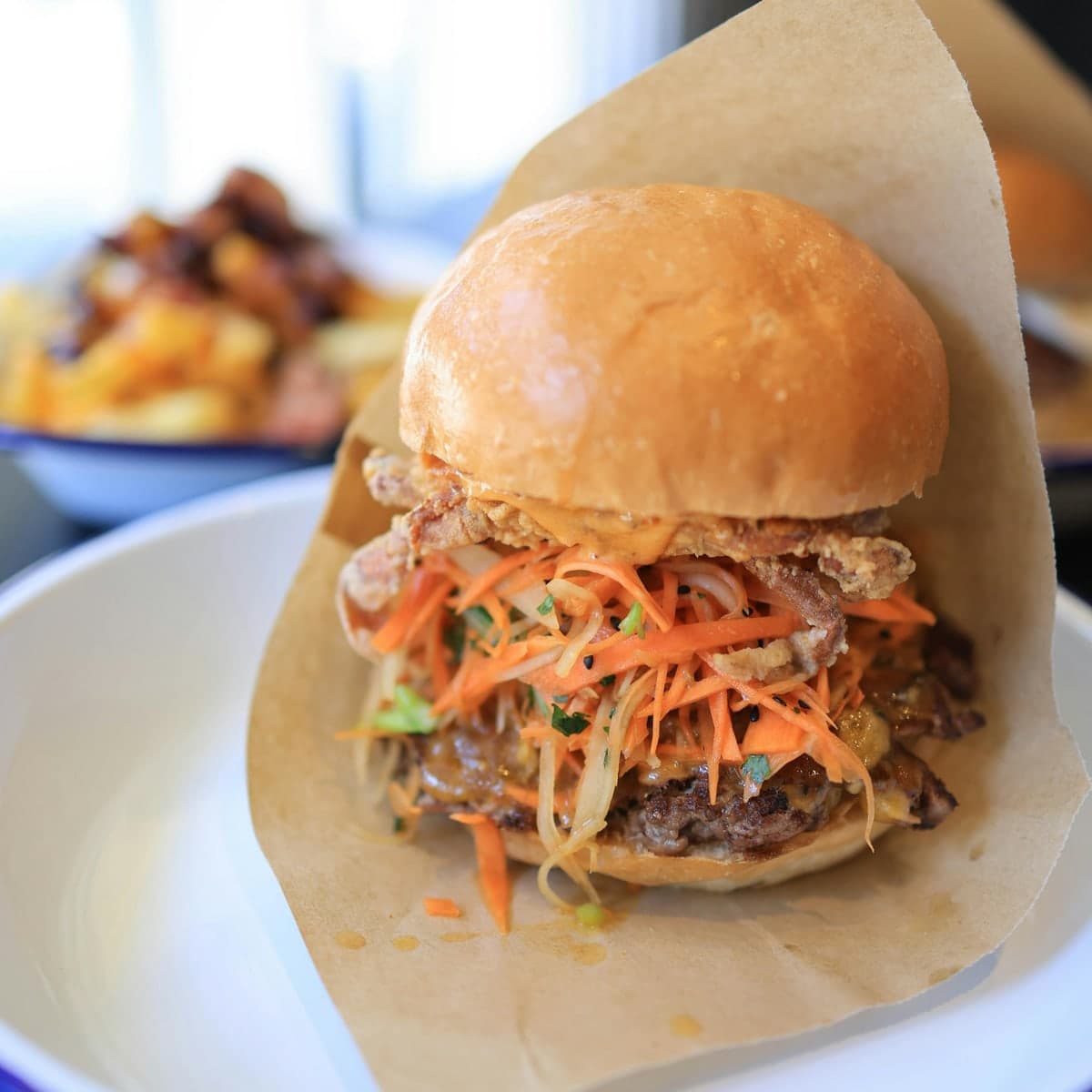 Gourmet burger with crisp ingredients