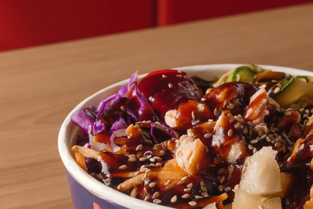 Colorful fast casual rice bowl ready for pickup