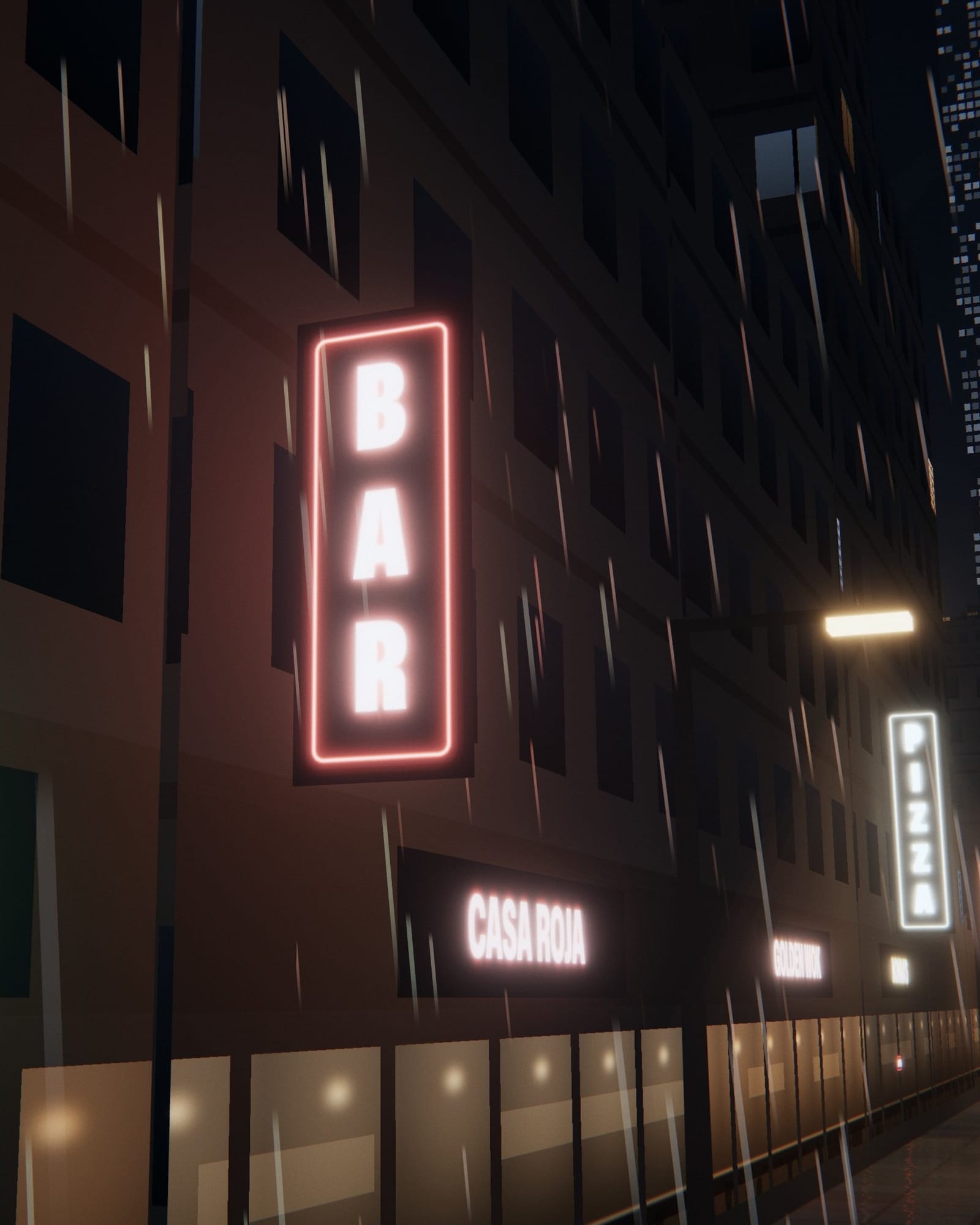 A red BAR sign over a wet street after 1 AM.