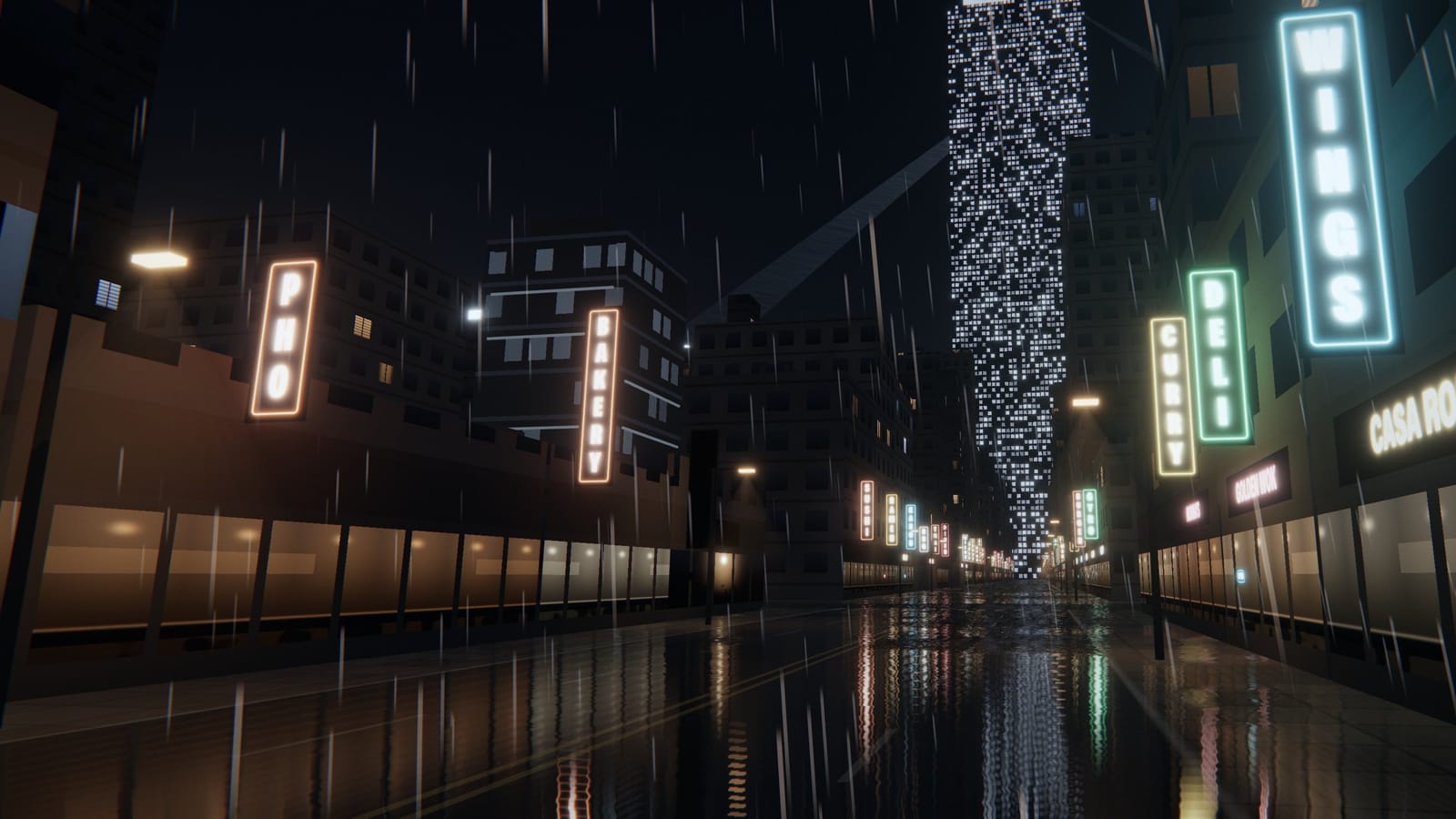 A rainy street of independent restaurants at 1:17 AM, most signs dark, with the restaurant chains’ tower glowing cold at the end of the street.