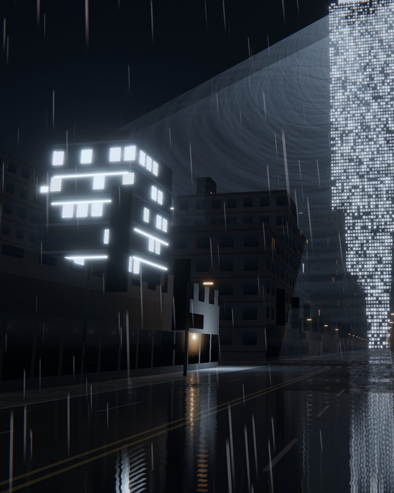 Illustration: an empty street of restaurants at 1:41 AM, rain falling under the streetlights.