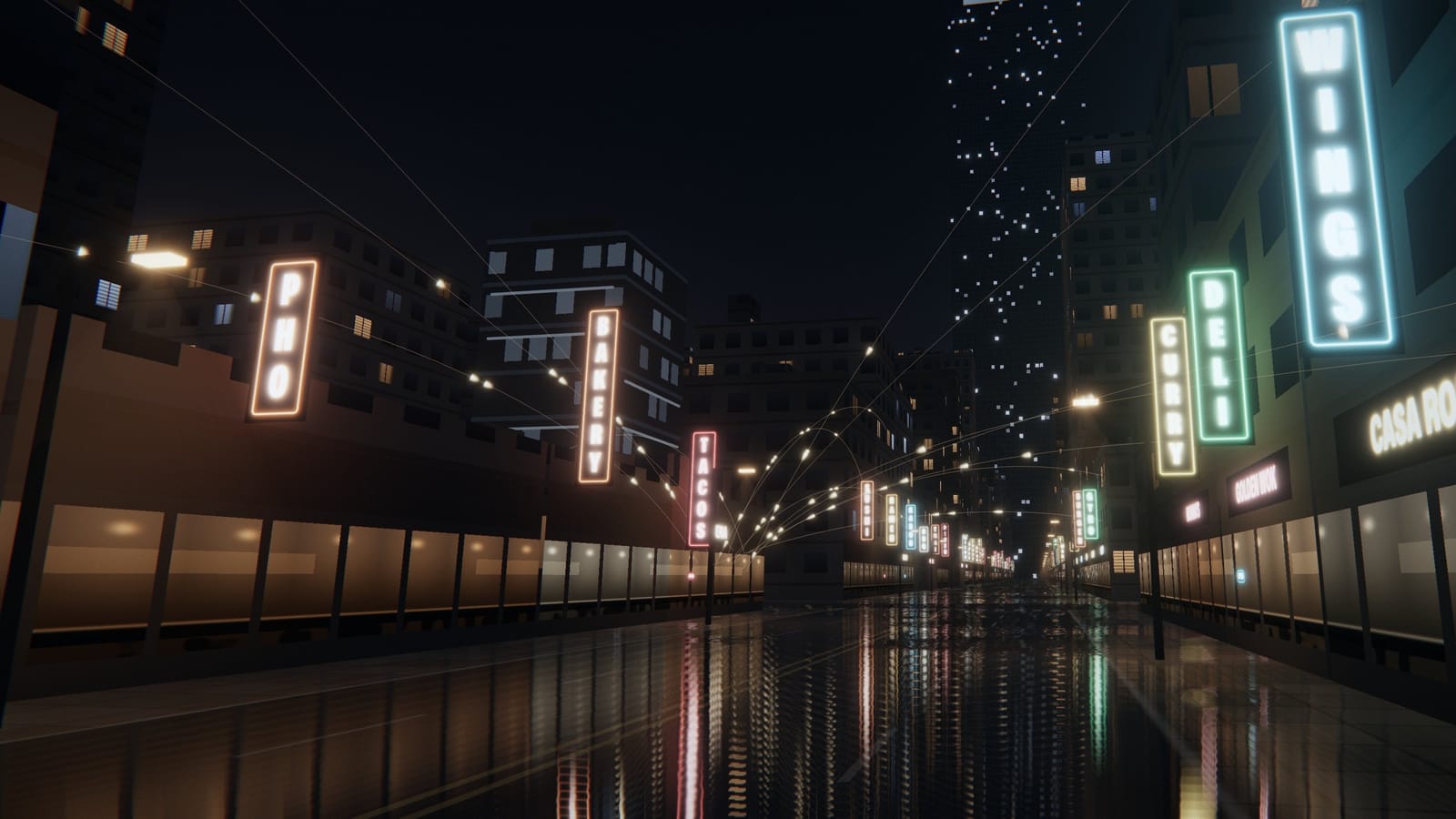 A busy street of independent restaurants on a Friday at 7:42 PM, neon signs lit and gold order lines crossing the wet street.