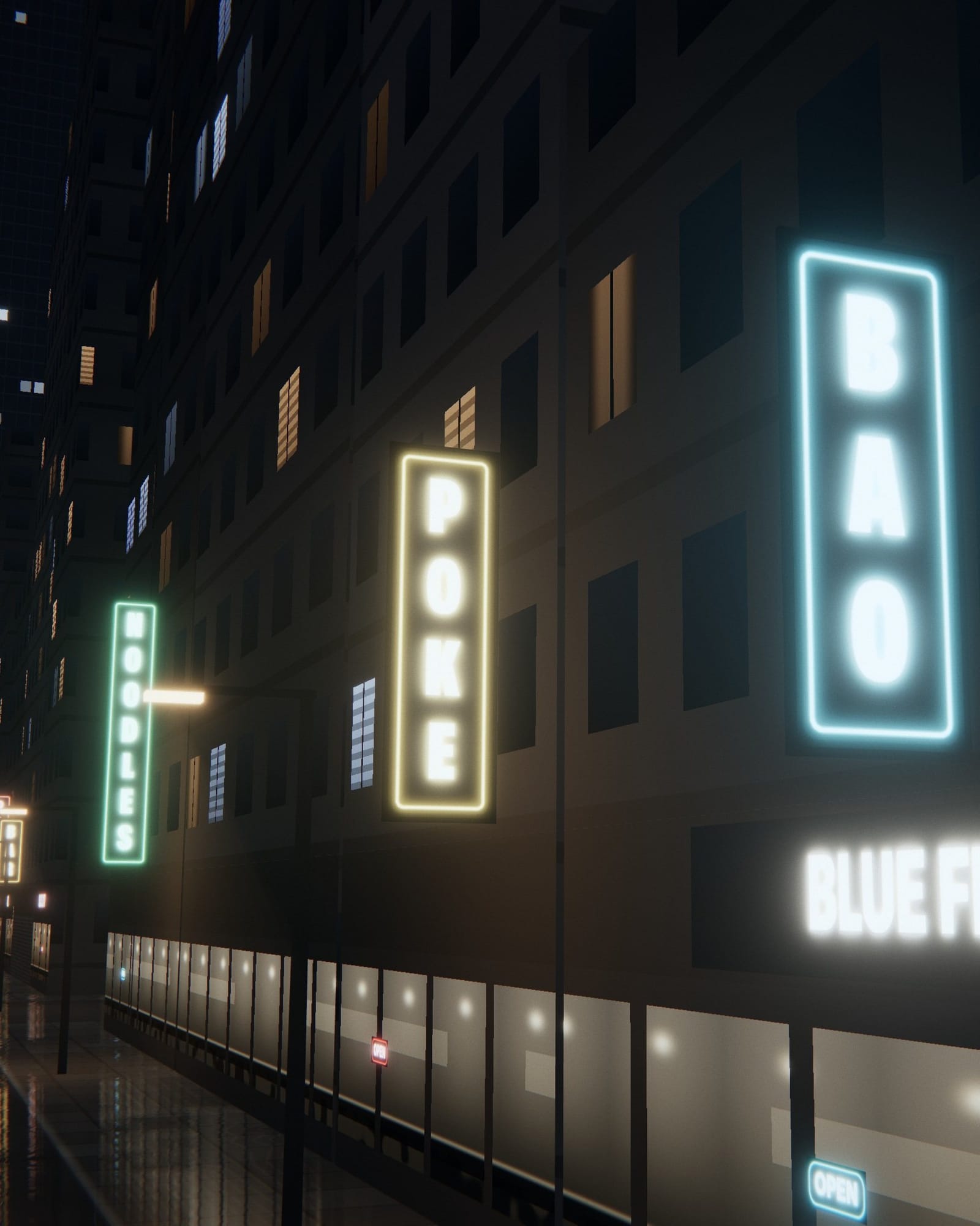 A blue BAO sign and a green PHO sign over a row of storefronts.