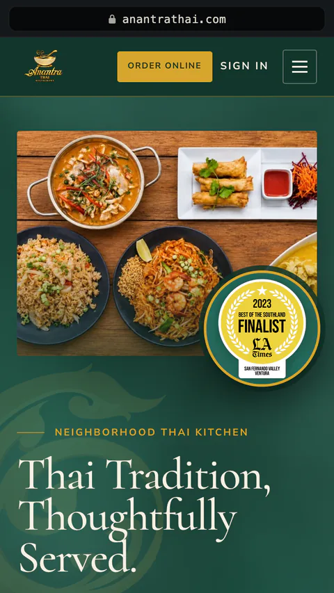 Anantra Thai’s own website on a phone, with its order button
