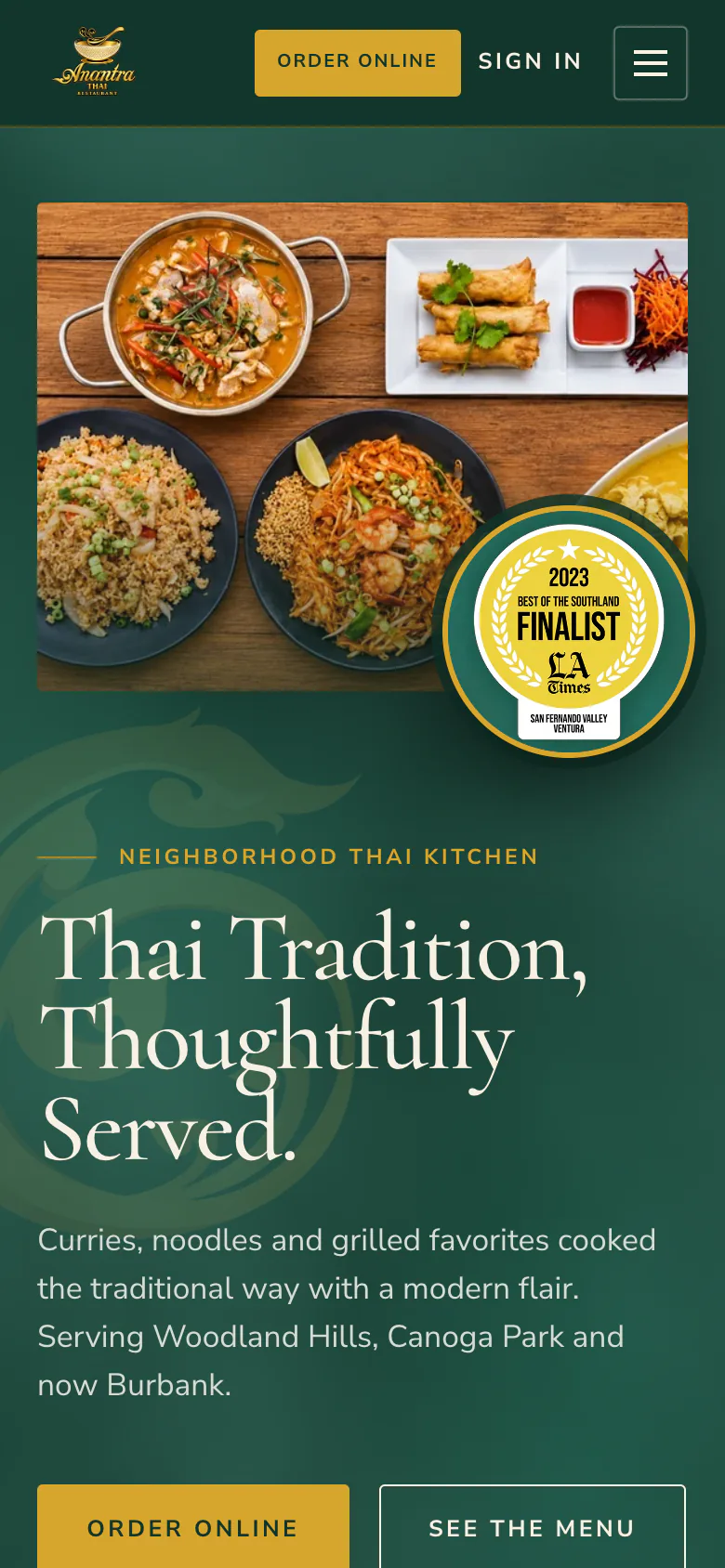Anantra Thai’s own website on a phone, captured September 2026: Thai curries, spring rolls and noodles under a gold Order Online button.