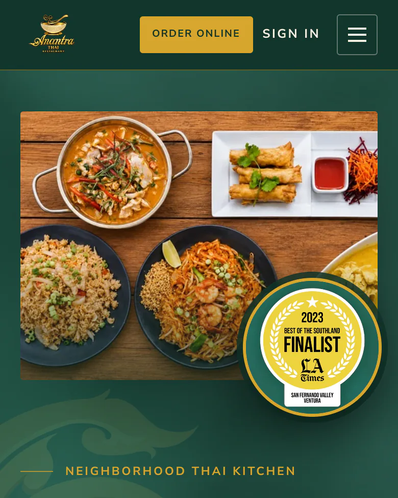 Anantra Thai’s own website on a phone, with its Order button.