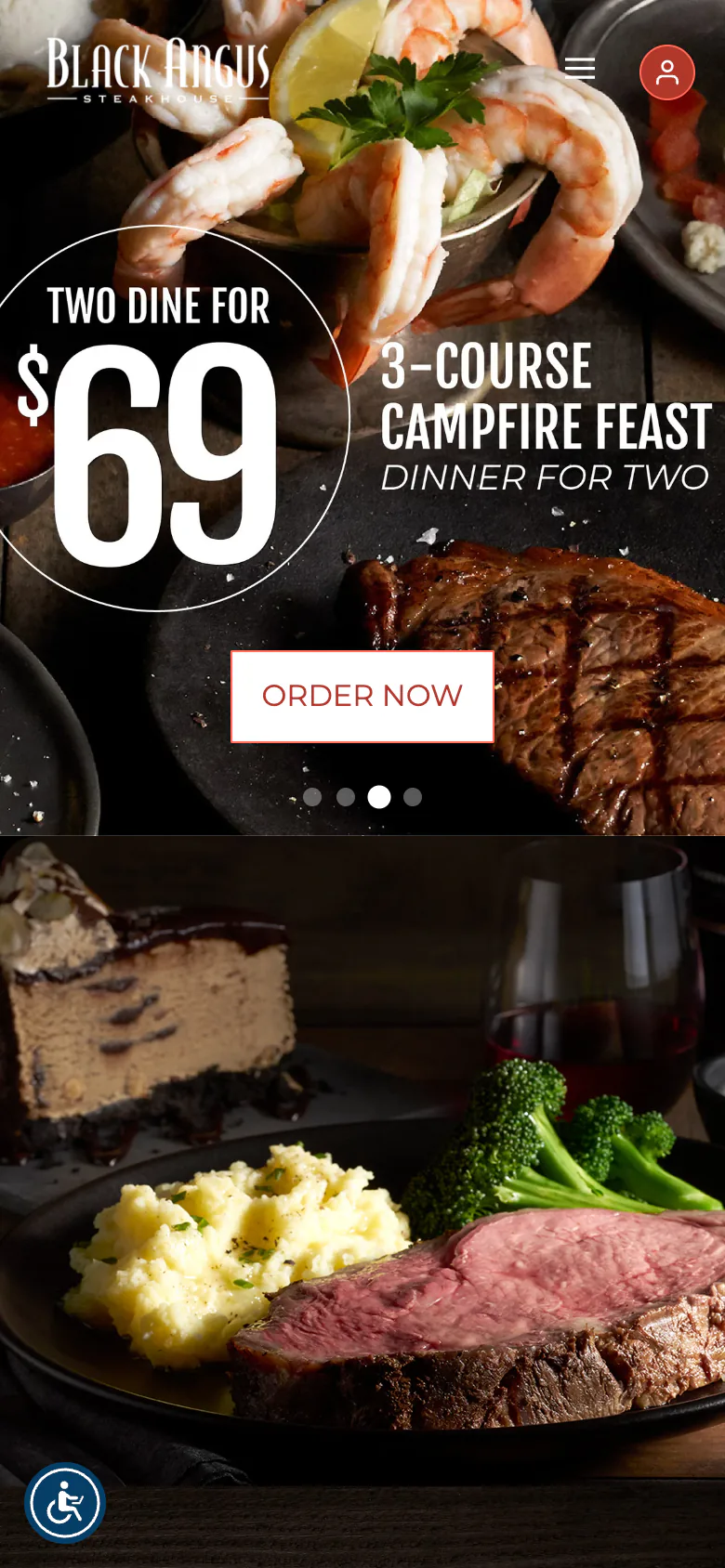 Black Angus’ own website on a phone, captured October 2026: a three-course dinner for two over a grilled steak, with an Order Now button.