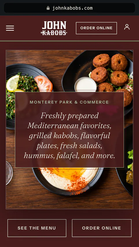 John Kabobs’s own website on a phone, with its order button