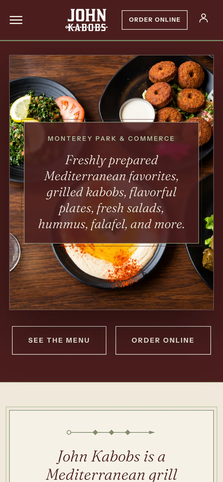 John Kabobs’ own website on a phone, captured September 2026: falafel, hummus and salads under “Freshly prepared Mediterranean favorites” and an Order Online button.