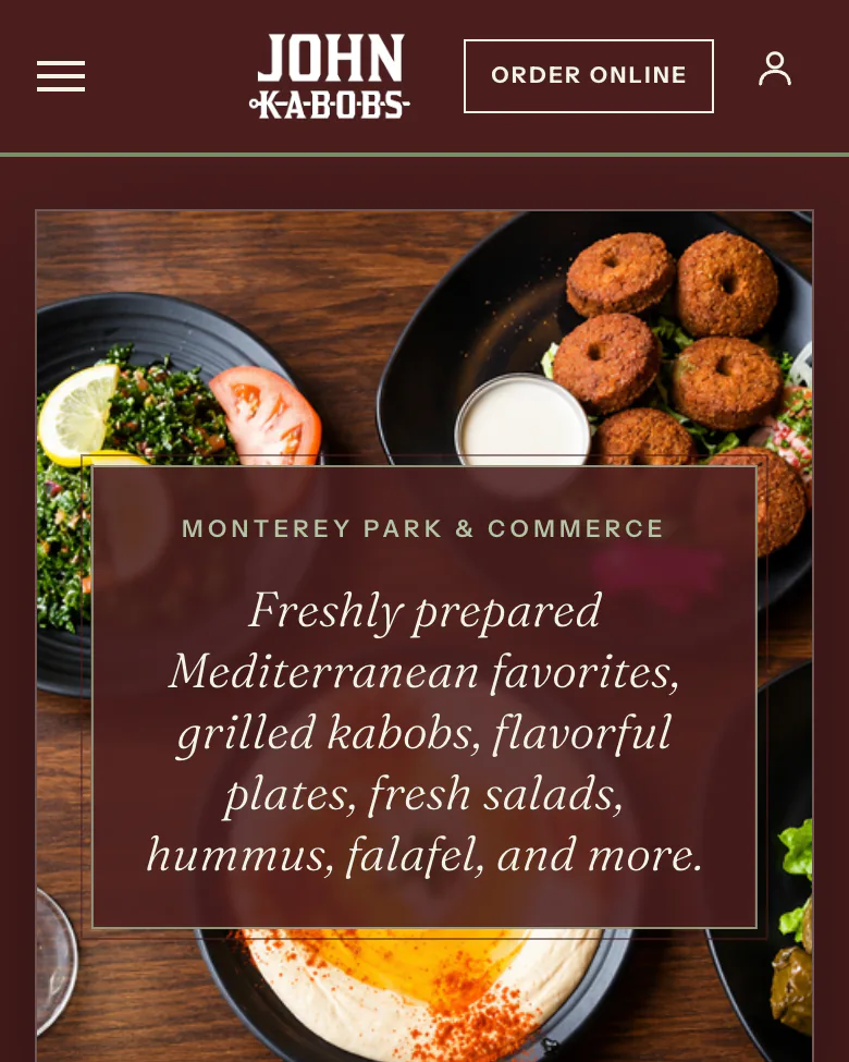 John Kabobs’s own website on a phone, with its Order button.