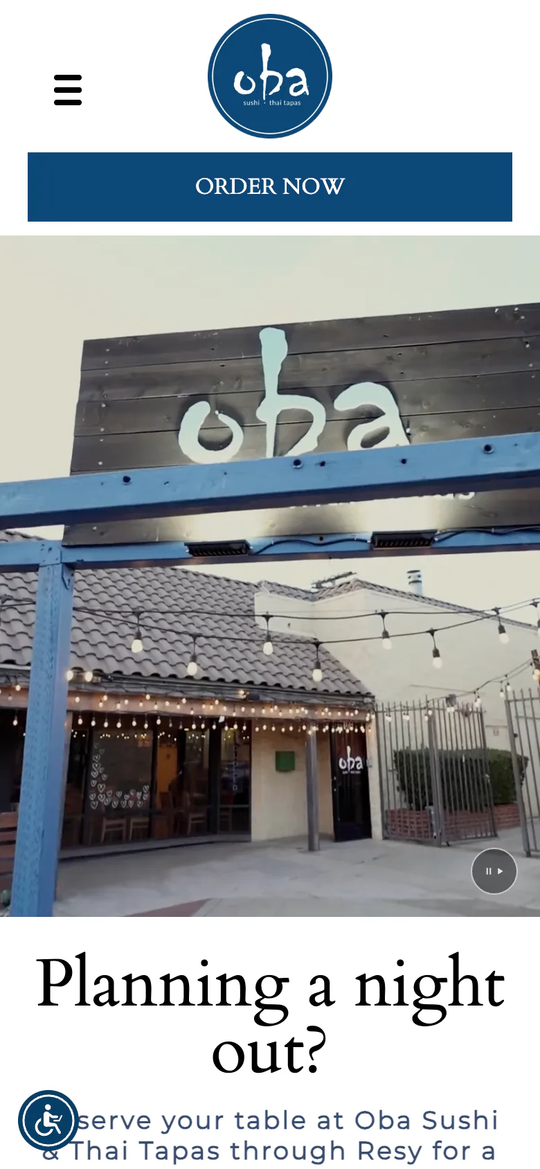 Oba Sushi’s own website on a phone, captured September 2026: the round Oba logo, an Order Now button, and the restaurant’s own oba sign from its video.