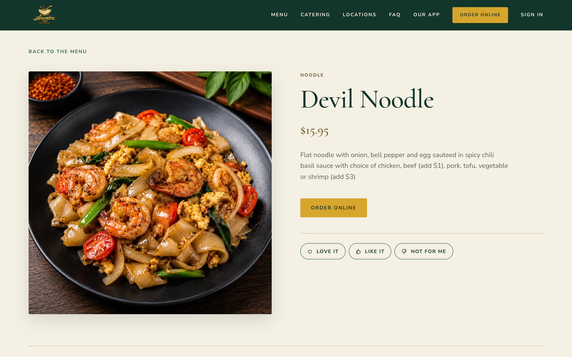 A dish page on Anantra Thai's website, built by Blizzfull.