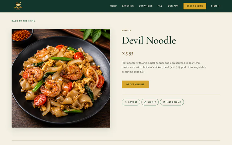 Anantra Thai’s page for one dish, Devil Noodle: a photo of the noodles with shrimp, the price, a short description and an Order online button.