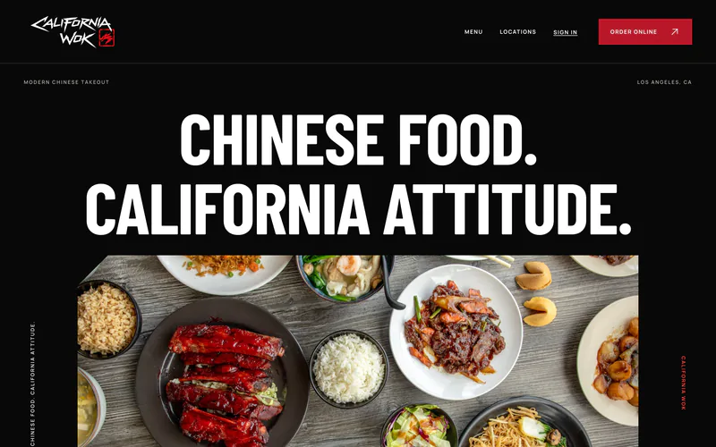 California Wok’s website: “Chinese food. California attitude.” in white on black over a table of dishes.