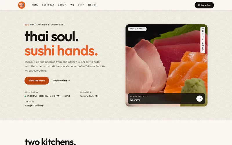 Kin Da’s website: “thai soul. sushi hands.” beside a photo of salmon and tuna sashimi.