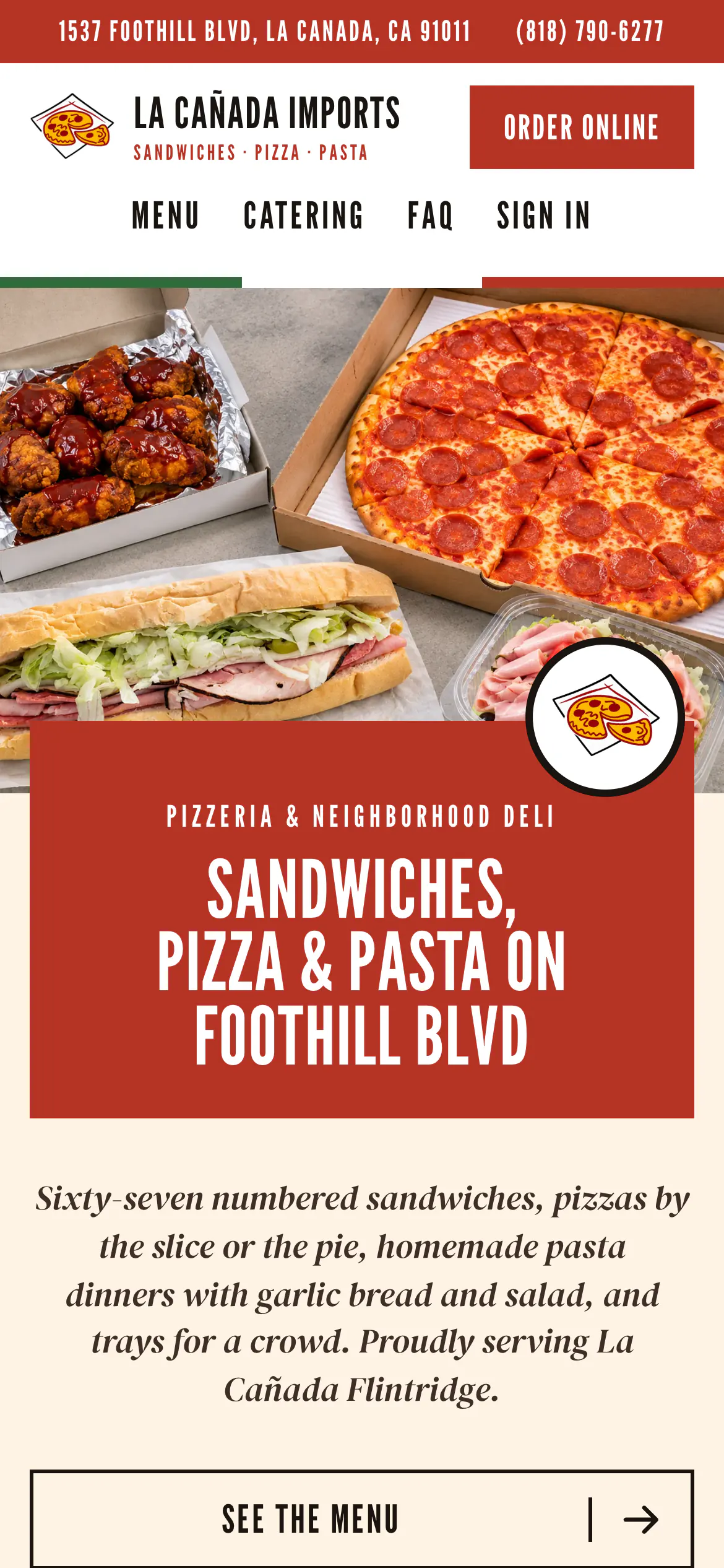 La Cañada Imports’ website on a phone: wings, pizza and a sub over “Sandwiches, pizza & pasta on Foothill Blvd” and an Order online button.