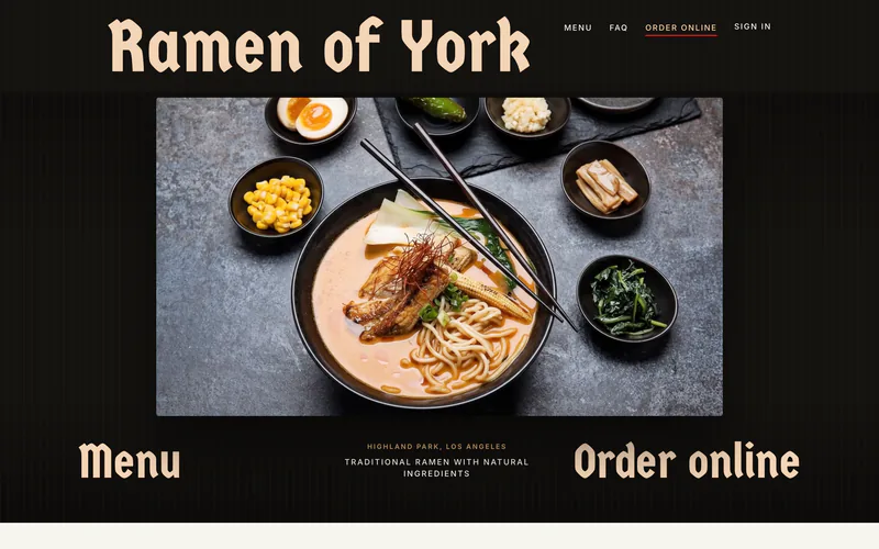 Ramen of York’s website: a bowl of ramen and its sides under the name in cream lettering, with Menu and Order online beside.