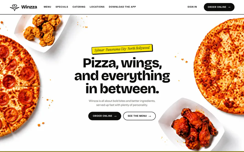 Winzza’s website: “Pizza, wings, and everything in between.” between pizzas and wings on white.