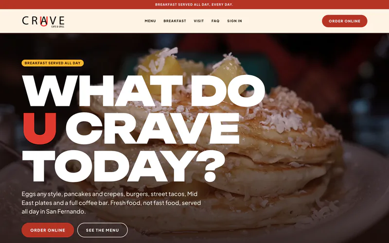 U Crave Grill’s website: “What do U crave today?” in big white and red letters over a stack of pancakes.