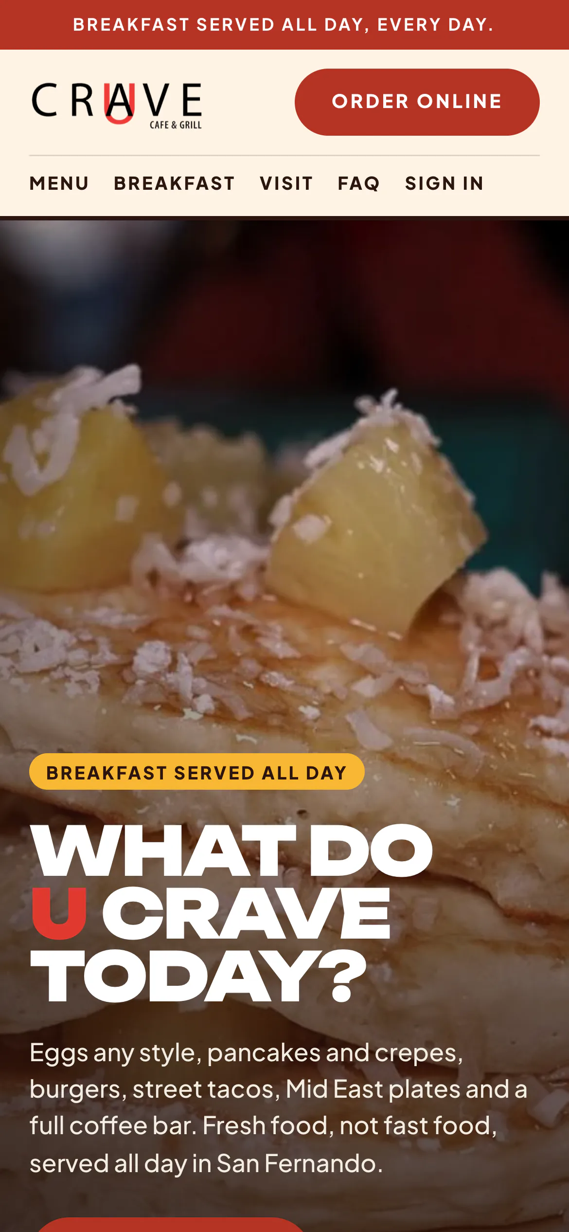 U Crave Grill’s website on a phone: “What do U crave today?” over pancakes, with an Order online button.