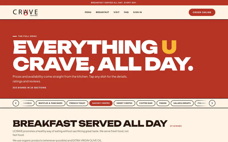 U Crave Grill’s menu page: “Everything U crave, all day.” on red, a row of section buttons, and the first section, Breakfast served all day.