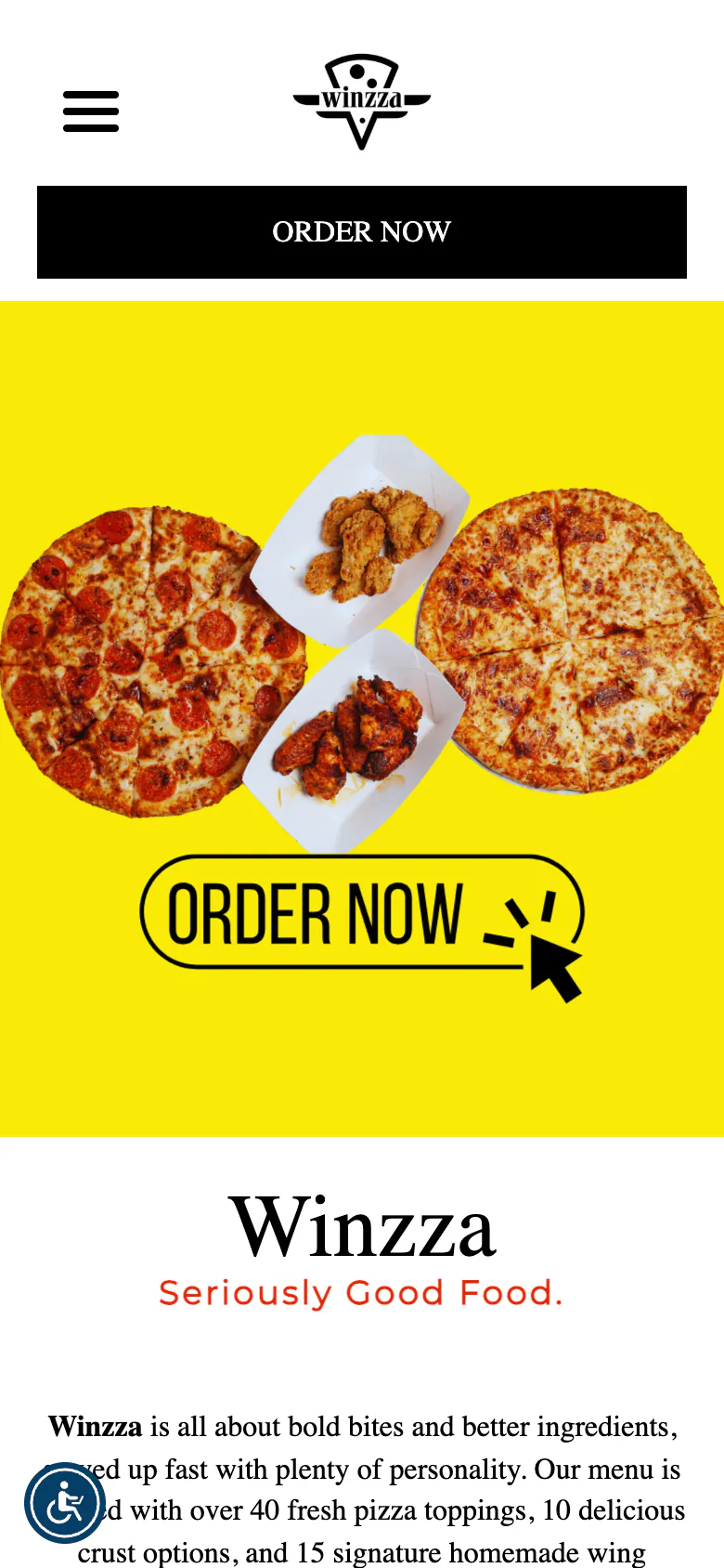 Winzza Pizza’s own website on a phone, captured September 2026: a bright yellow page with pizzas and wings and an Order Now button.