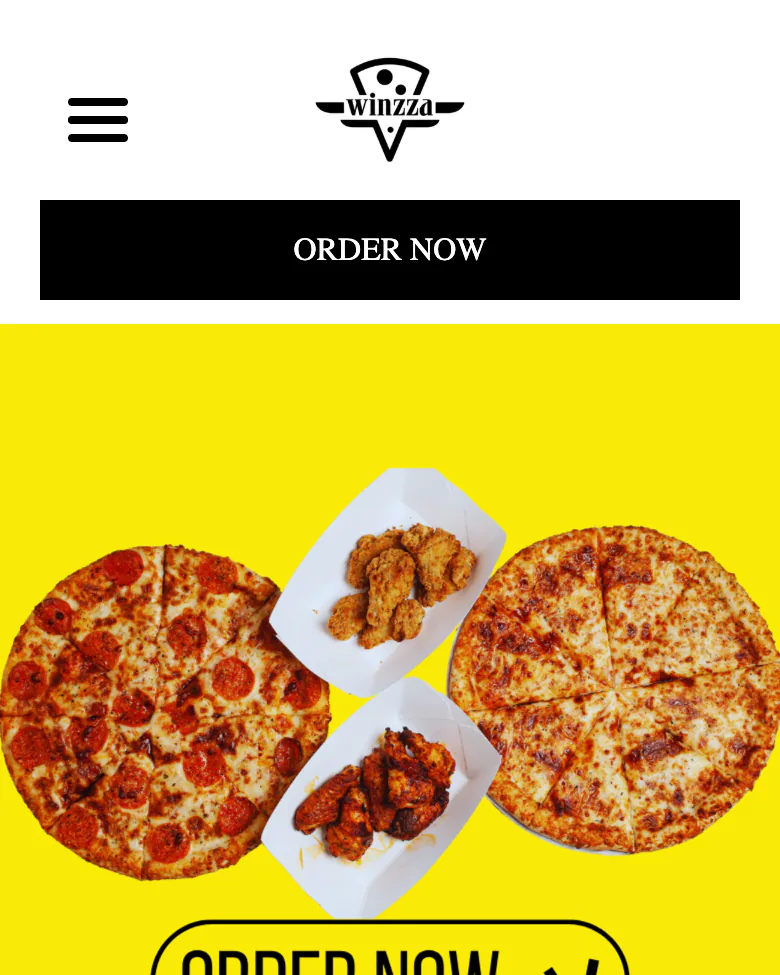 Winzza Pizza’s own website on a phone, with its Order button.