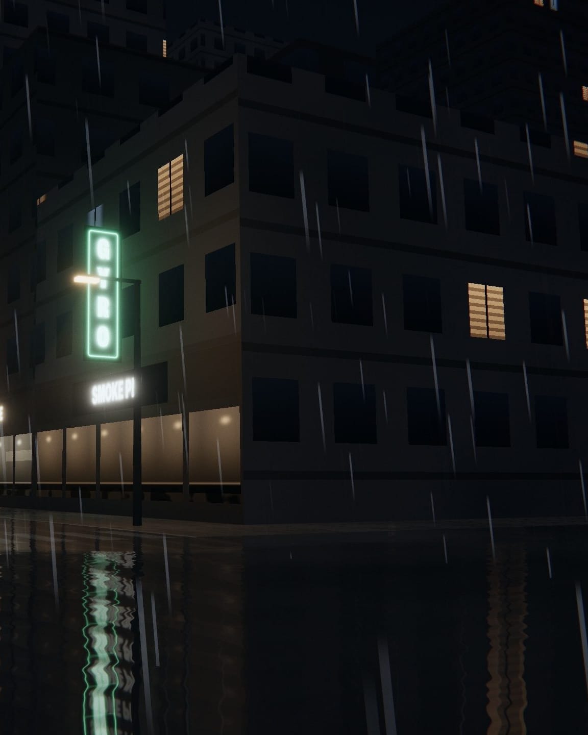 A rainy street corner under a lamp, signs glowing down the block.