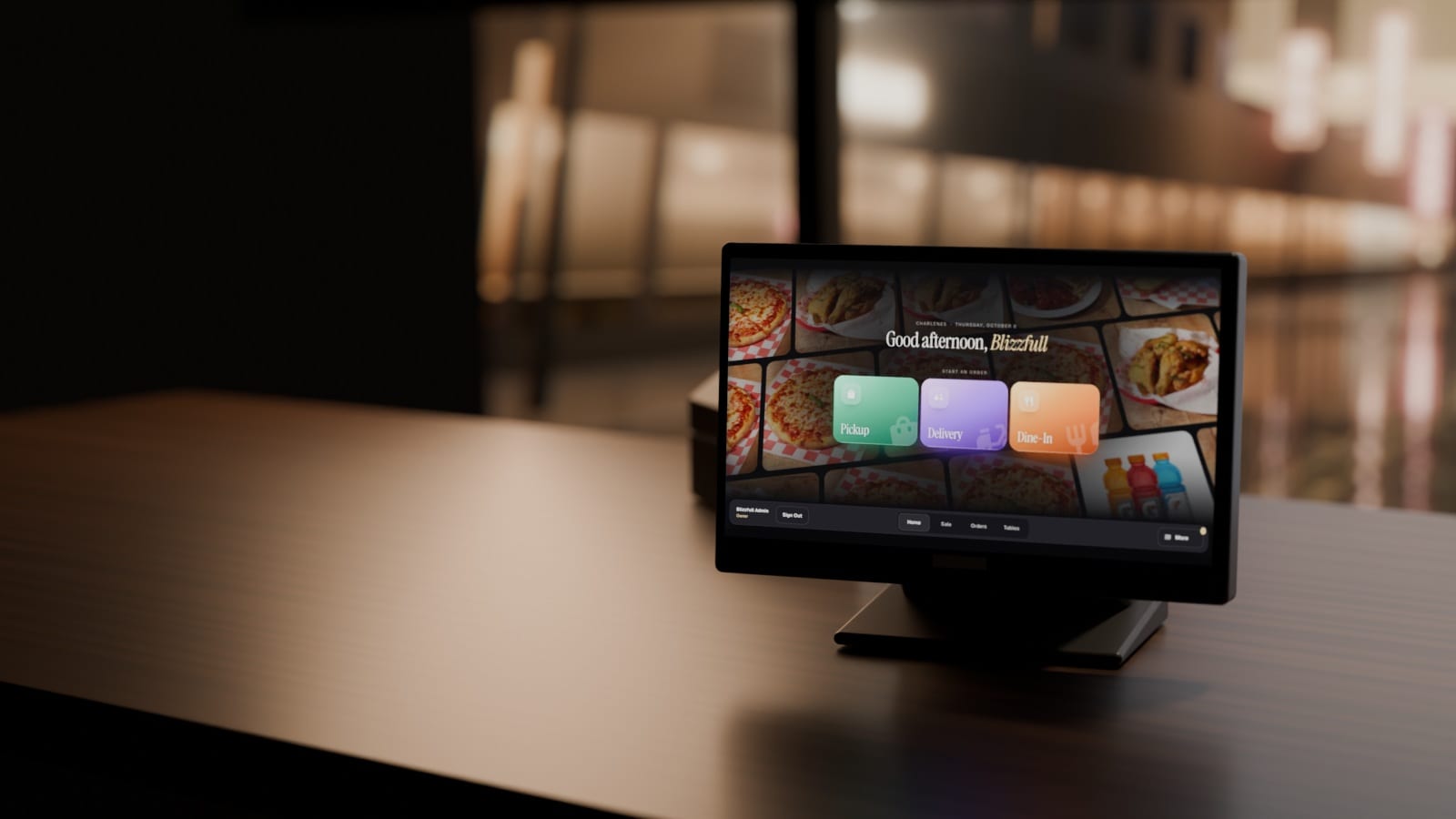 The Blizzfull POS on a walnut counter after close, in Cinematic mode: a pickup order is started, a fried chicken item is chosen from the Popular menu, its options open, and it is added to the order.