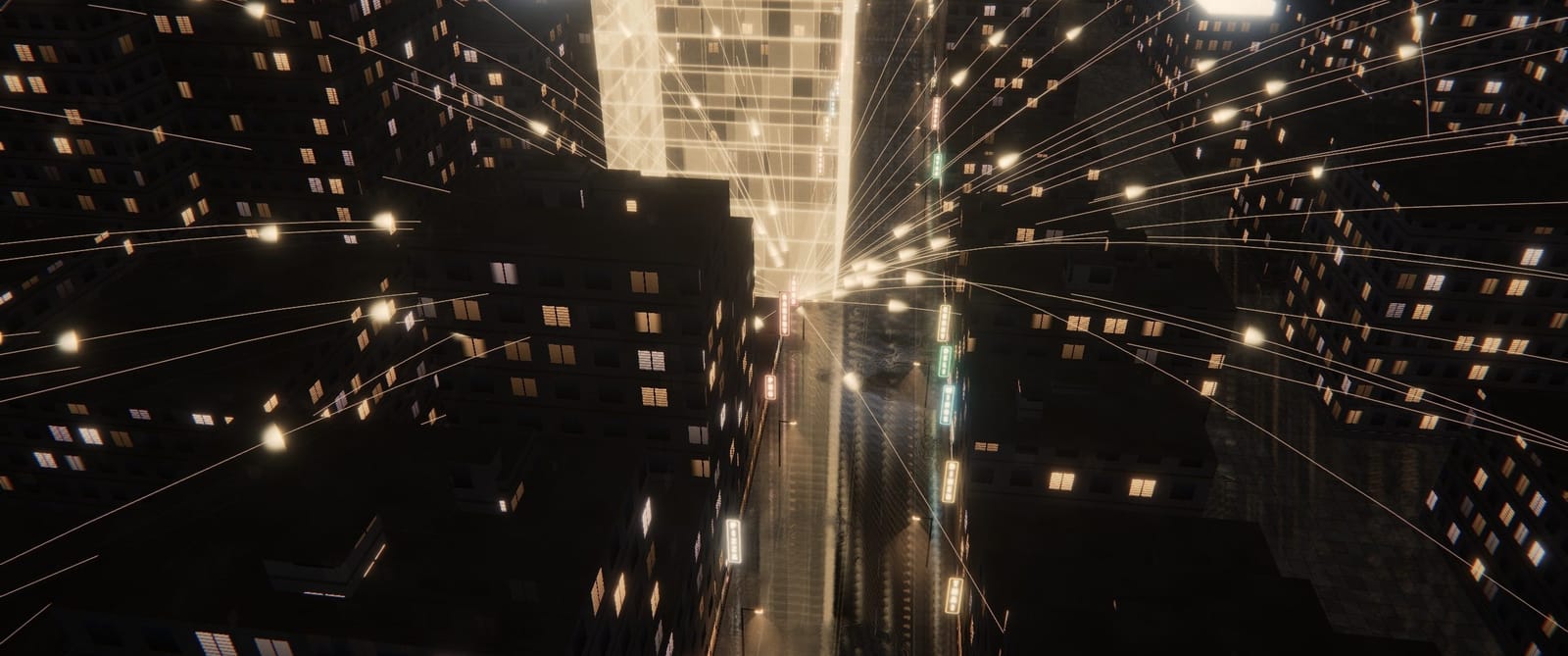 Illustration: lines of light from homes across the night city, all converging on one restaurant counter.