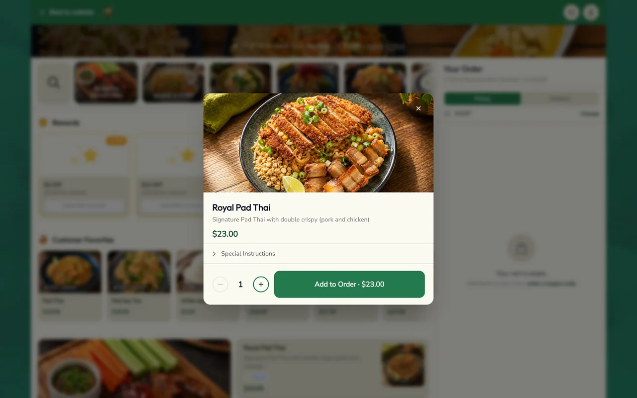 A dish open on Anantra Thai's Blizzfull ordering page, ready to add to the order.