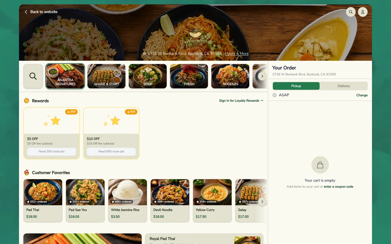 Anantra Thai's Blizzfull ordering page with dish photos, rewards and the order panel.