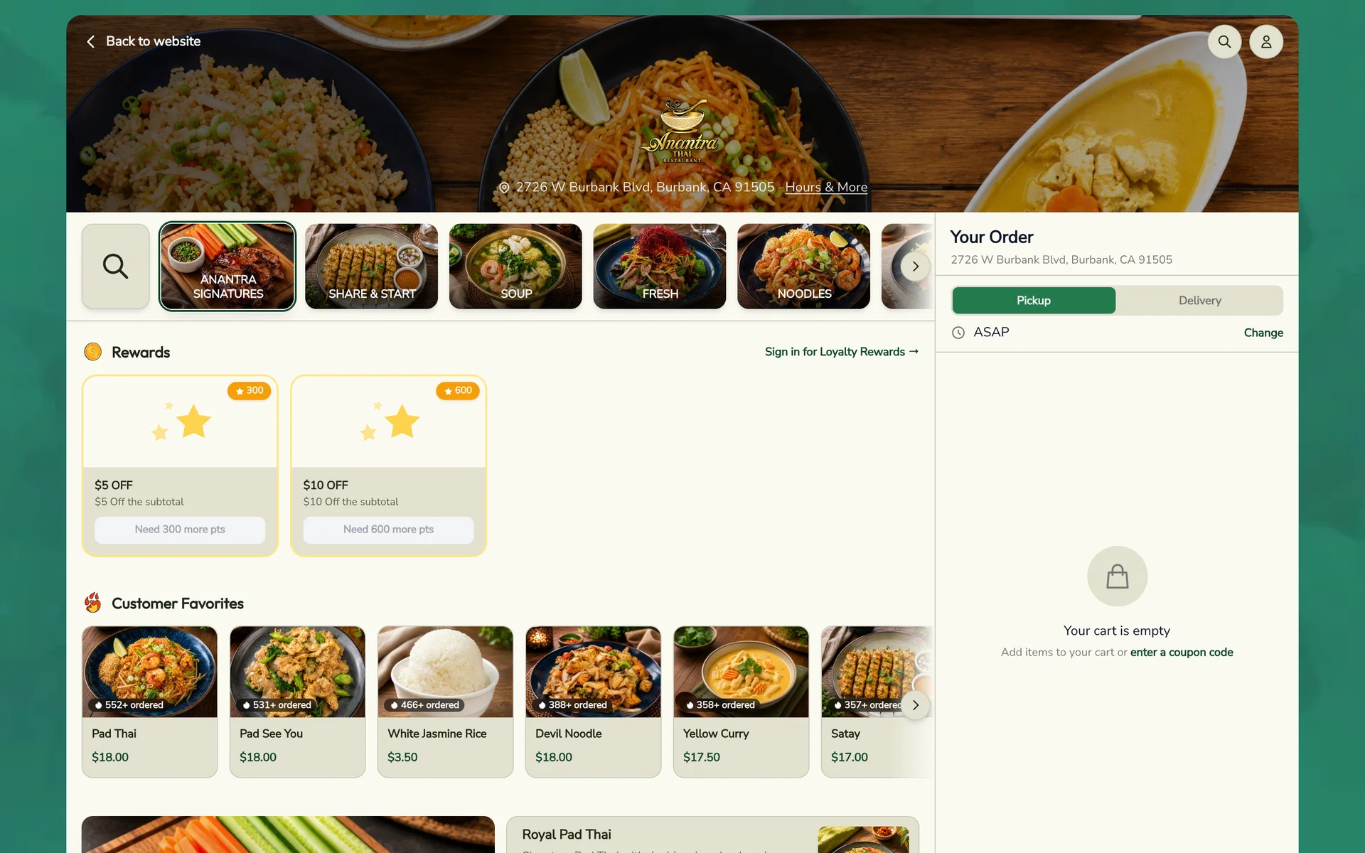 Anantra Thai's Blizzfull ordering page with dish photos, rewards and the order panel.