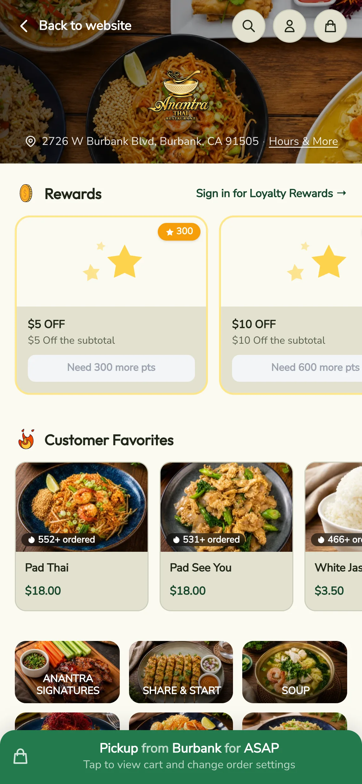 Anantra Thai's Blizzfull ordering page on a phone.