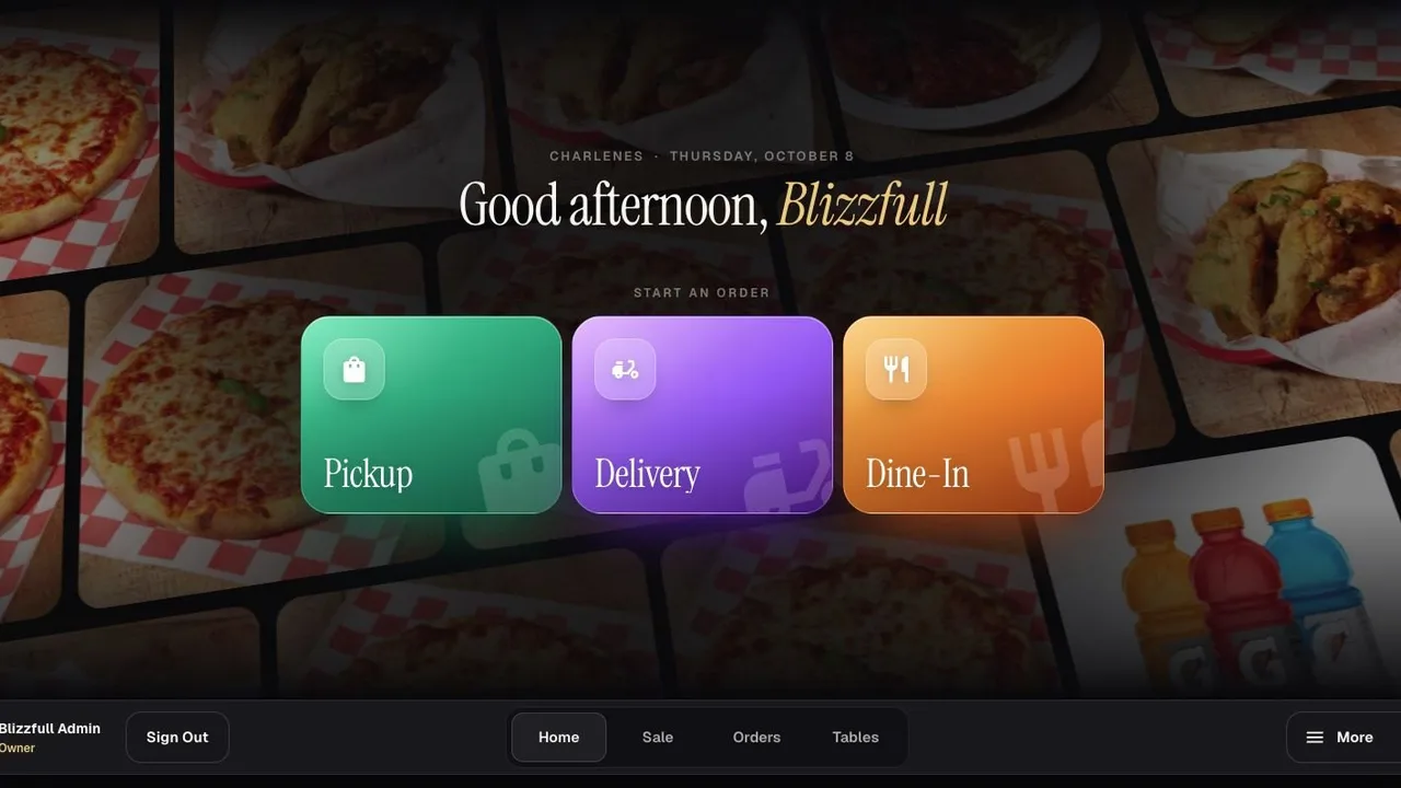 The Blizzfull POS home screen with Pickup, Delivery and Dine-In tiles.