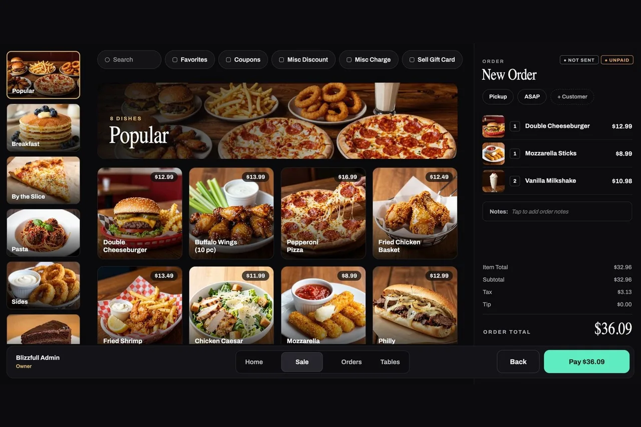 The Blizzfull POS sale screen in Cinematic mode: popular dishes with photos and a new order totalling $36.09.