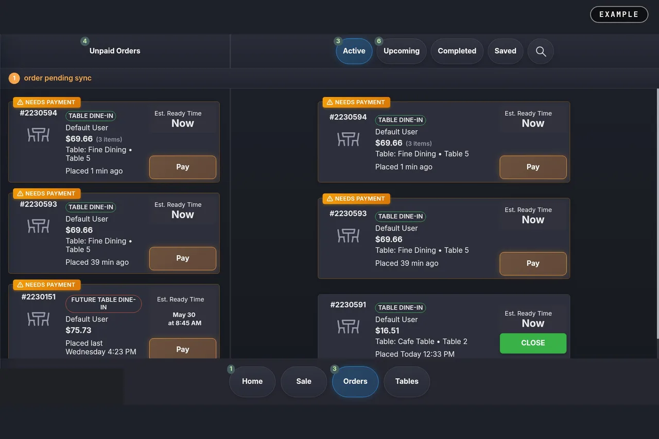 Orders with ready times on a Blizzfull screen.