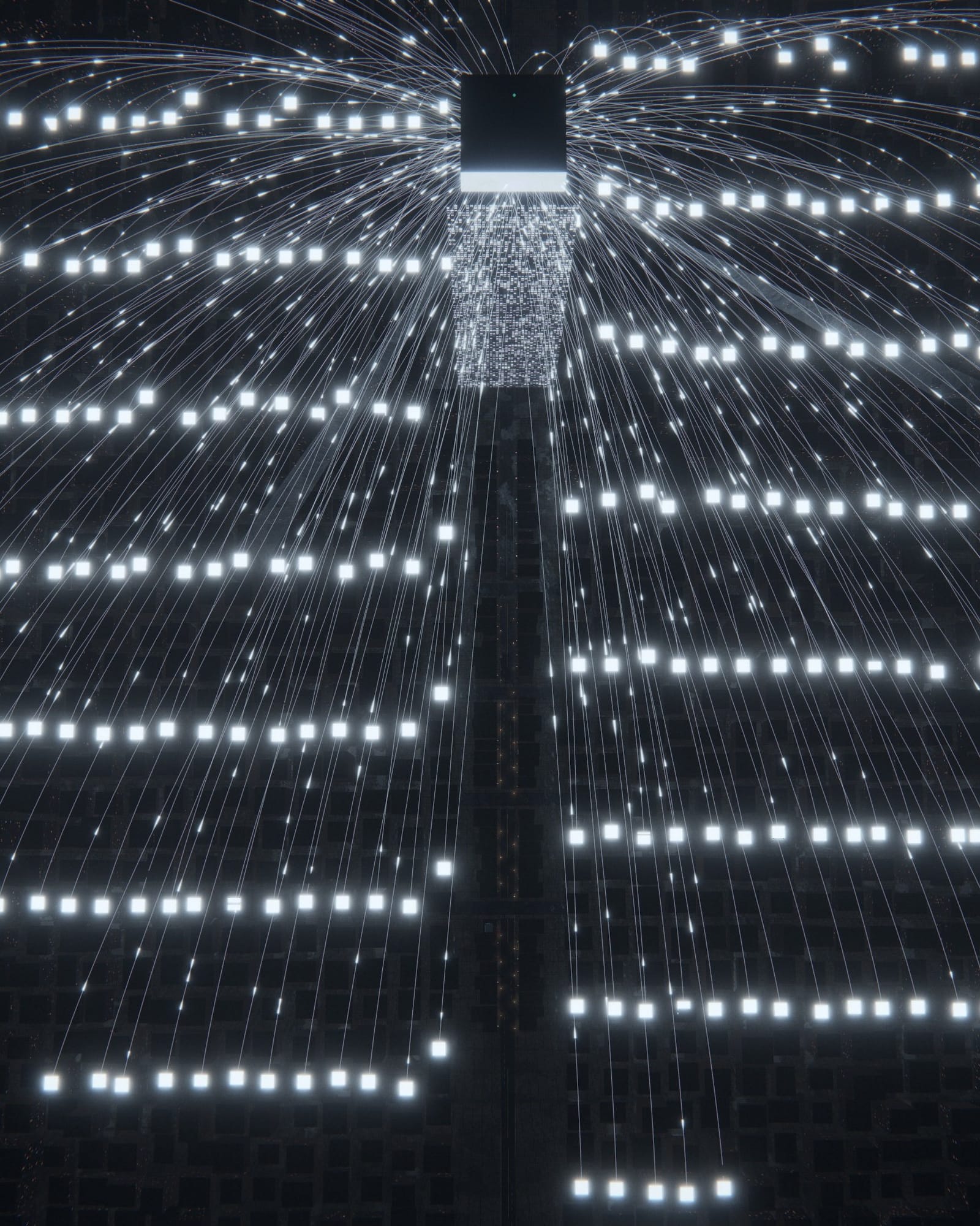 Illustration: orders from across a city at night, every line running to one cold tower.