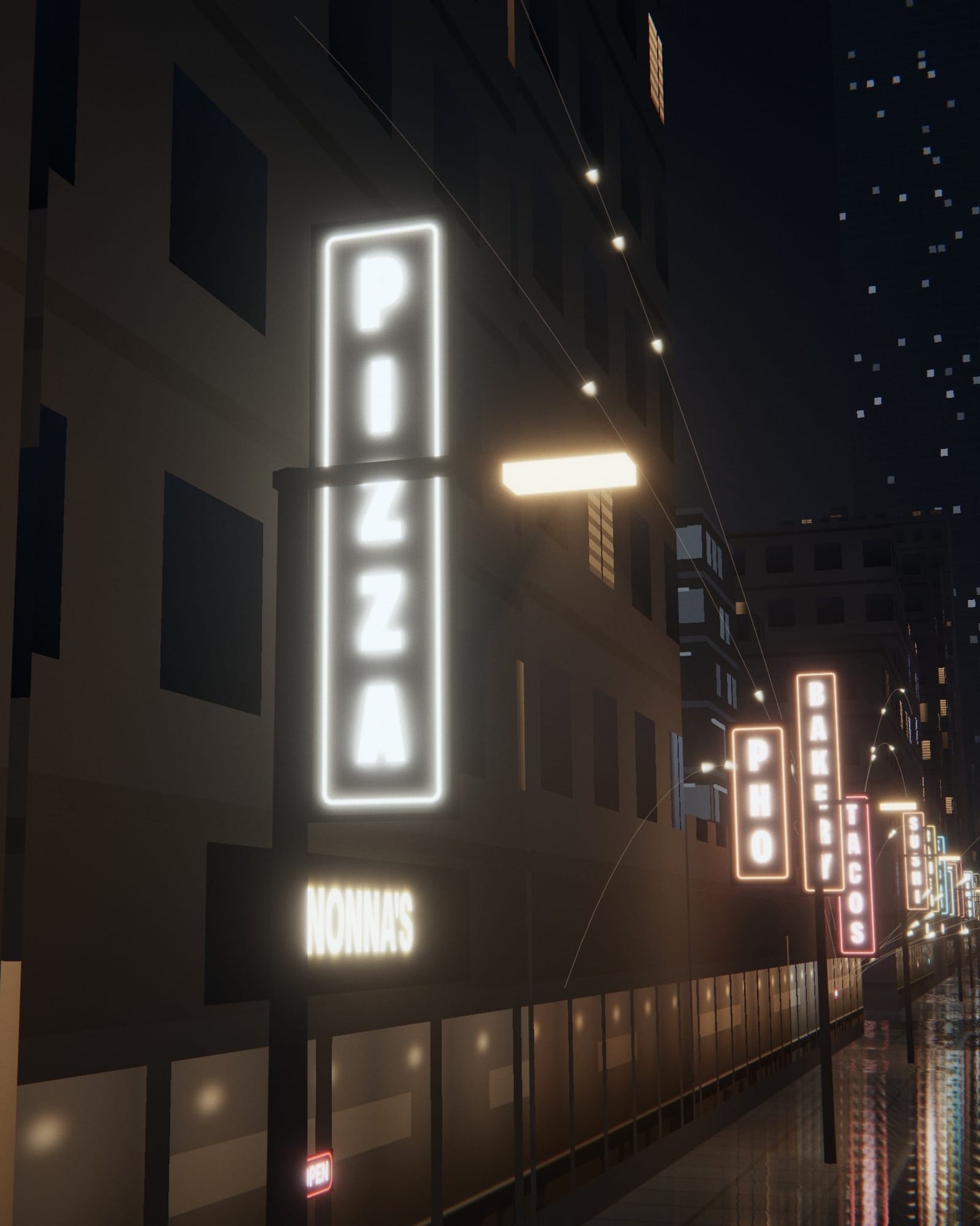 A white PIZZA sign lit over a street of restaurants at night.