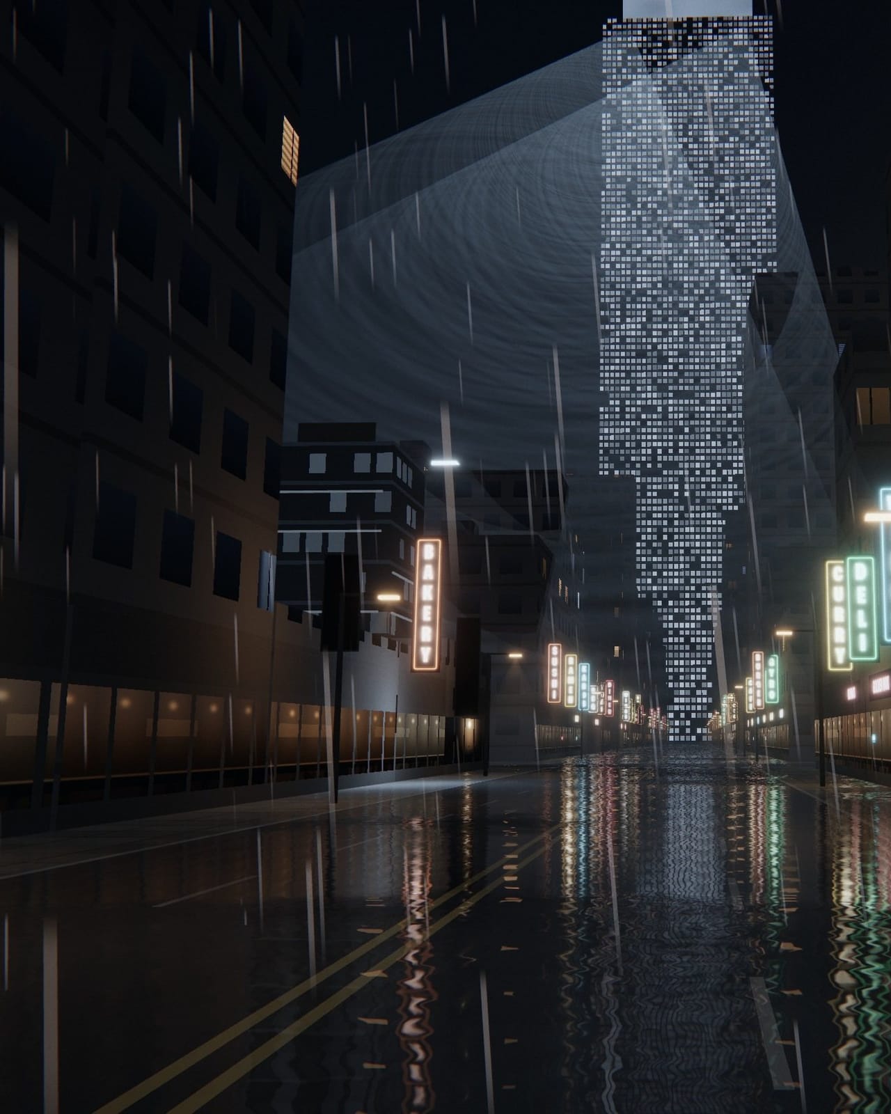 Illustration: a wet street of restaurants at night, the signs going dark one by one under a cold tower.