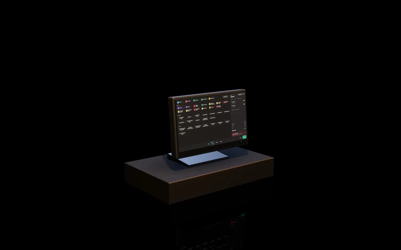 Studio render of the POS terminal: a widescreen touchscreen on a low counter stand, showing the Blizzfull POS order screen with example data.