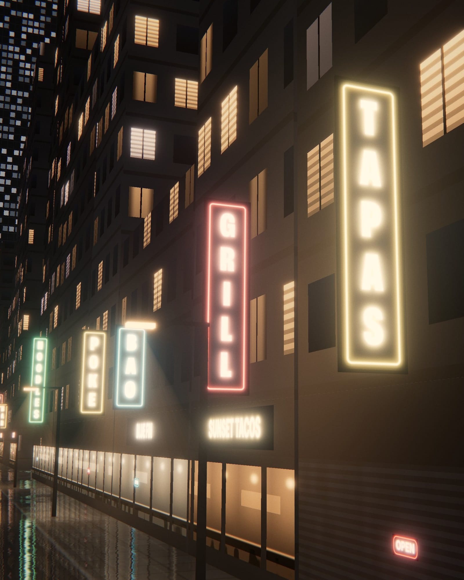 Warm TAPAS and GRILL signs over lit dining rooms.