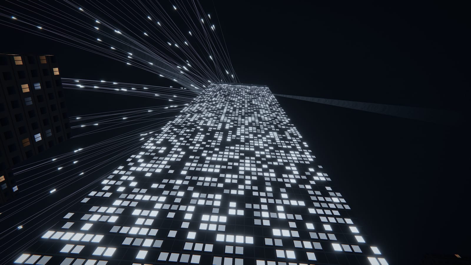 Looking up the restaurant chains’ tower as its floors light up, with cold data streams leaving its crown.
