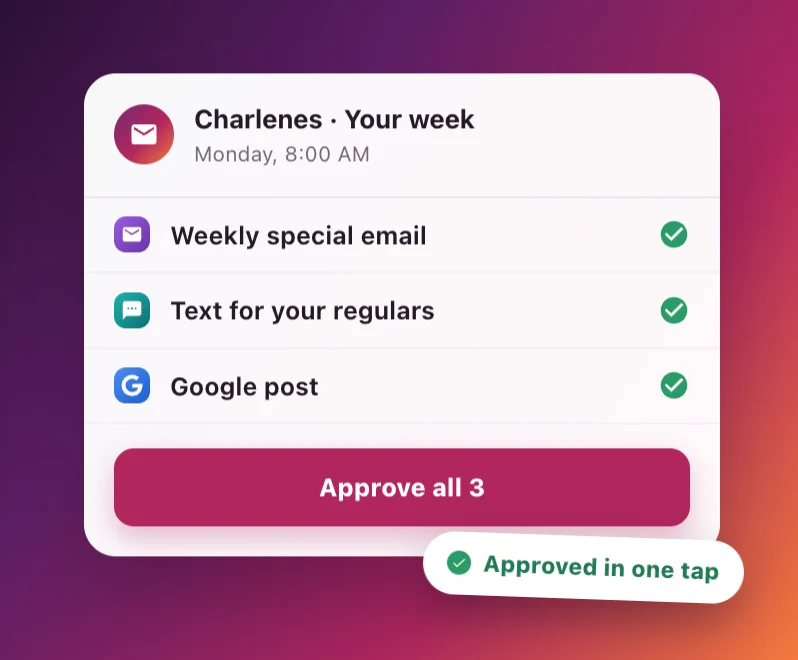 Charlene’s week in Marketing Studio: a weekly special email, a text for regulars and a Google post, with one button, Approve all 3.