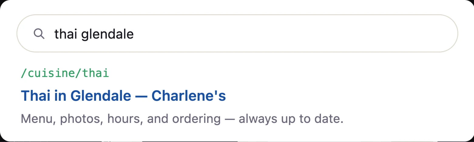A search for “thai glendale” finding “Thai in Glendale — Charlene’s”, a cuisine page Designer Websites builds automatically.