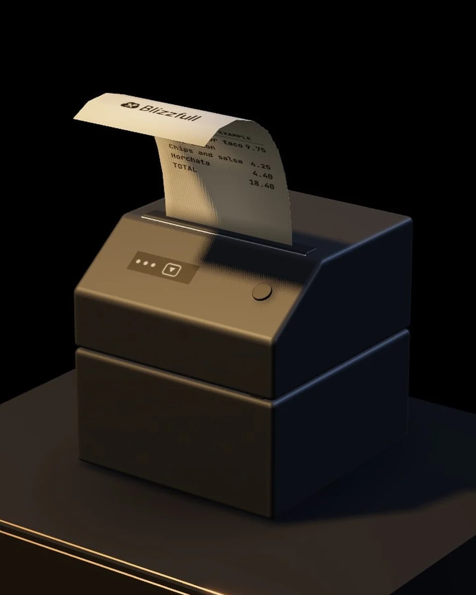 Studio render of the black thermal receipt printer with an example receipt curling from the top.