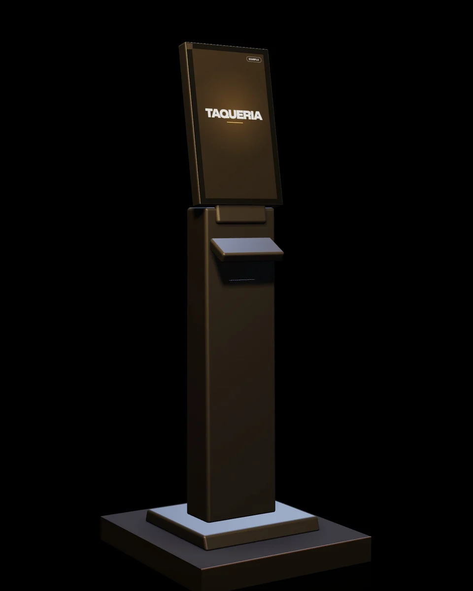 A Blizzfull self-order kiosk on its stand, the restaurant’s name across the top of the screen.