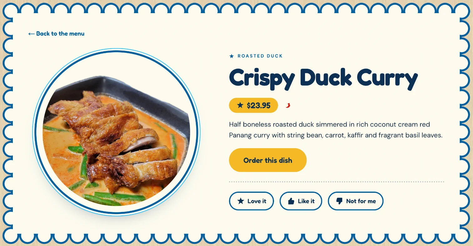 Charlene’s page for one dish, Crispy Duck Curry, with its photo, price, description and an Order this dish button.