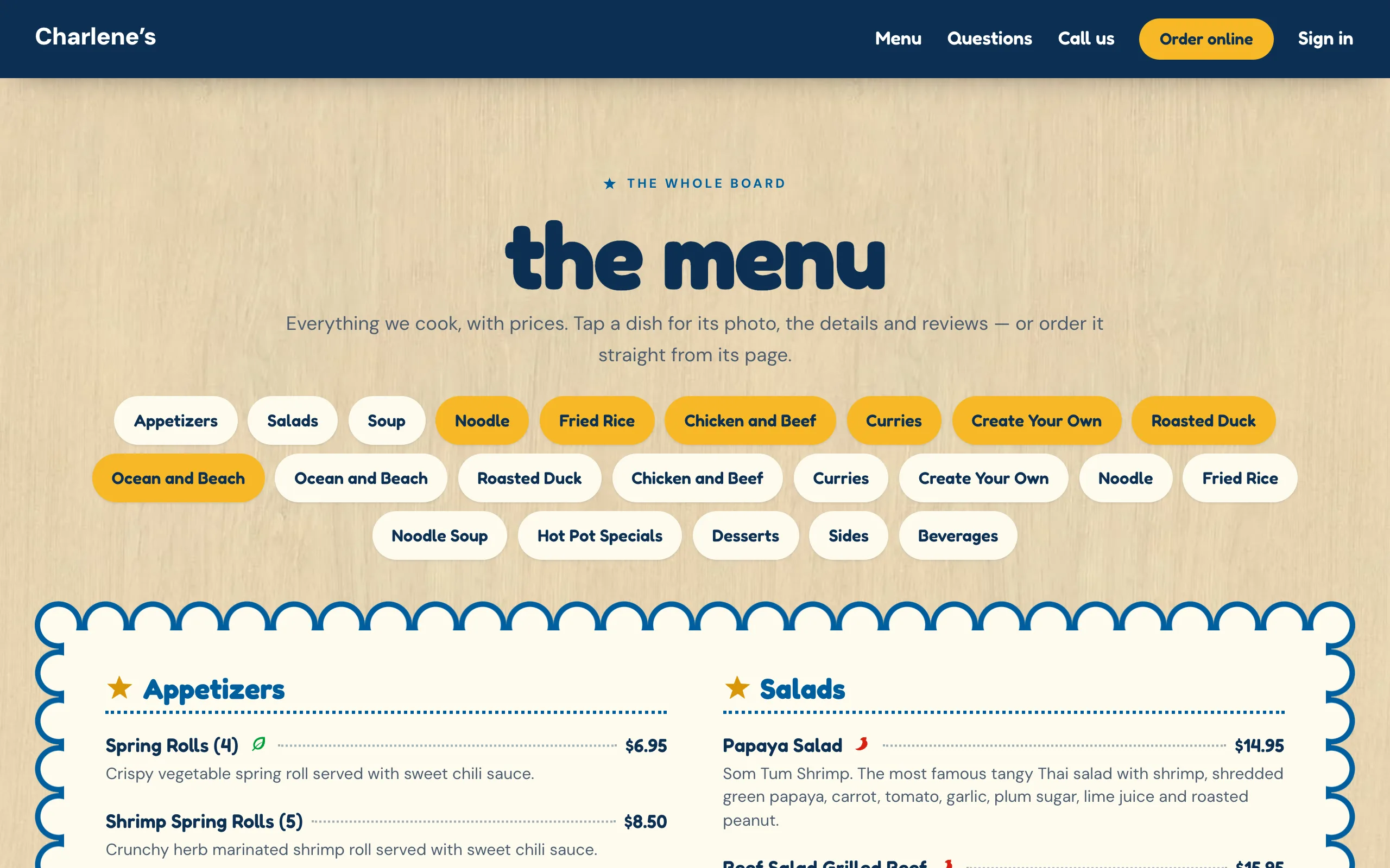 Charlene’s menu page, built by Designer Websites: “the menu”, category buttons and the appetizers and salads with prices.